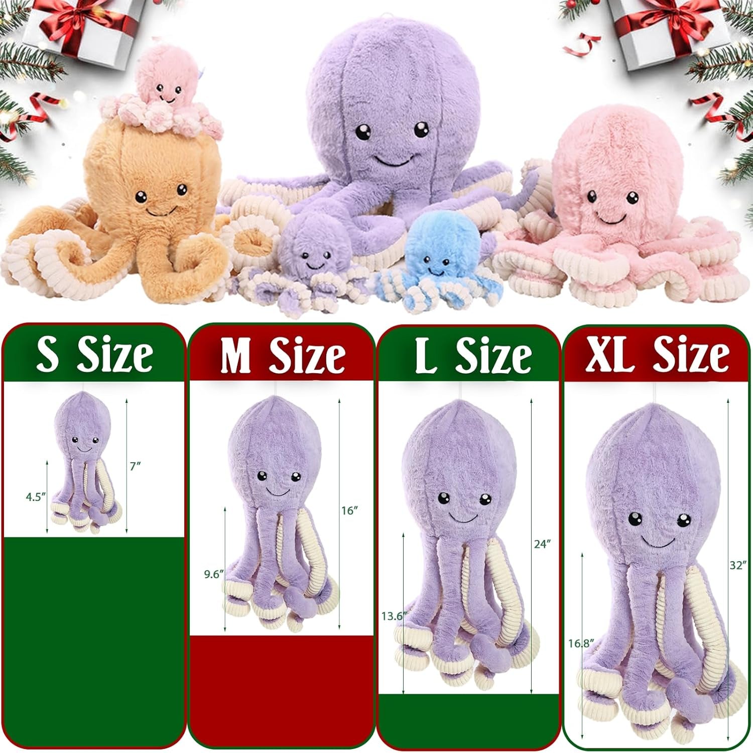 Octopus Stuffed Animals, Giant Octopus Plush Doll Play Toys for Kids Girls Boys Adults Birthday Xmas Halloween Present Stuffed Sea Animals Plushie, 7/16/24/32 Inches, 5 Colors