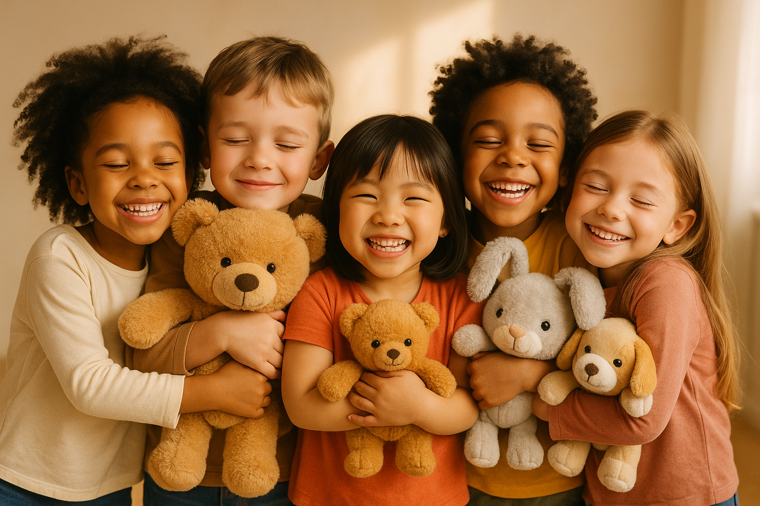 create a video of kids hugging stuffed animals
